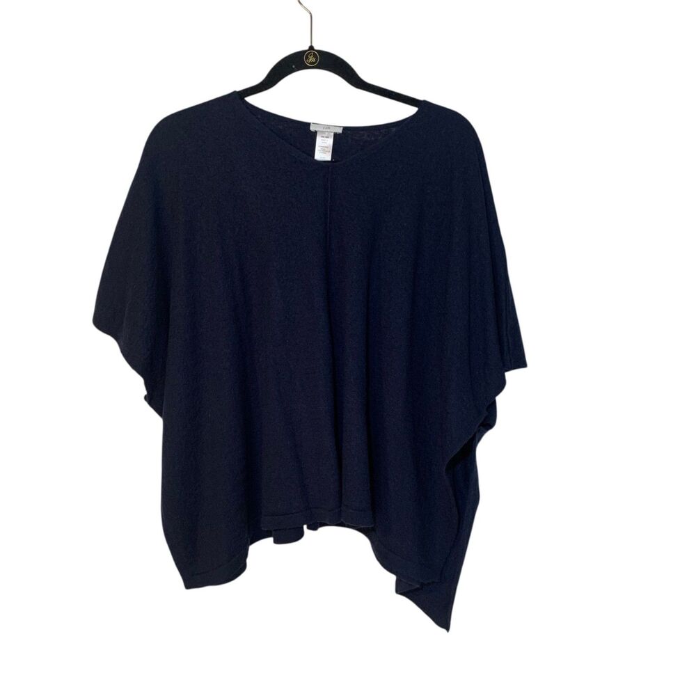 J Jill Womens Merino Wool Blend Navy Blue V Neck Poncho Shawl OS Minimalist Boho